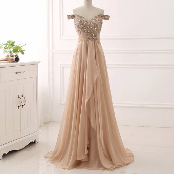 Elegant Flower Appliqued Chiffon Dress with Pleated Champagne